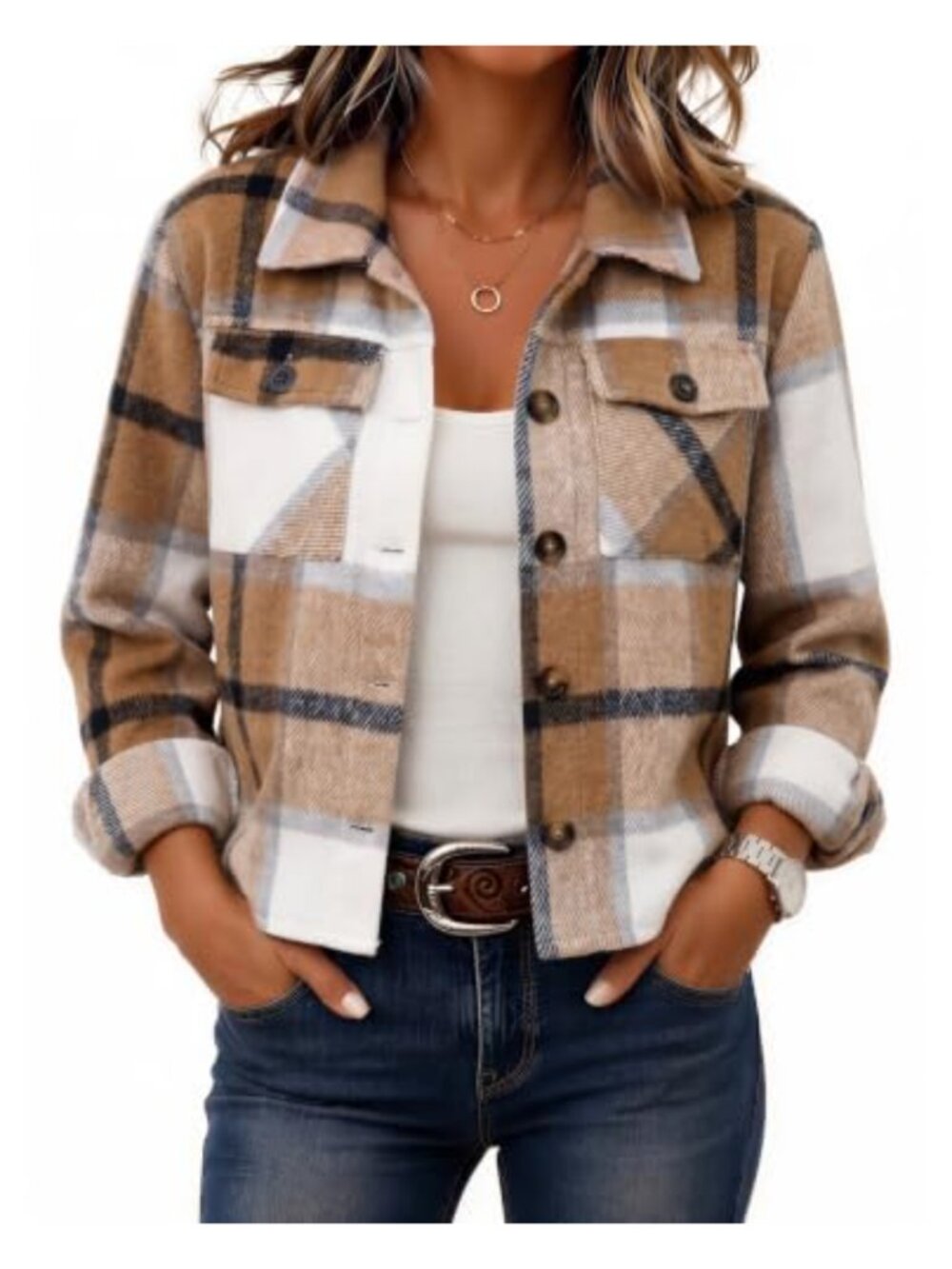 Cropped Plaid Flannel Shacket Jacket Button Down Casual Fall Coat